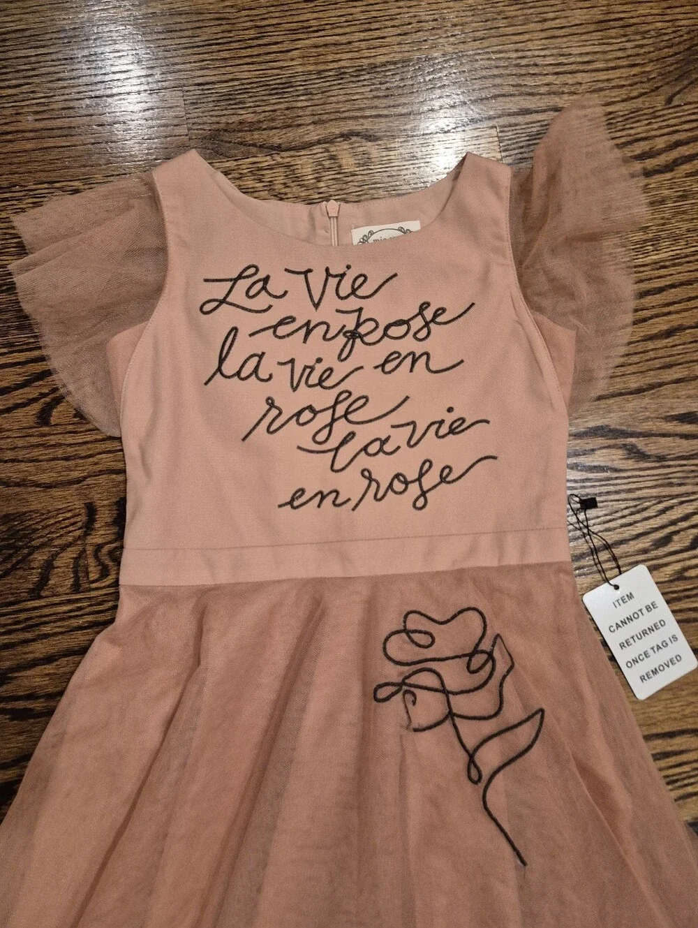 Girls Pink Tulle Sleeve Dress with Script & Rose Detail
